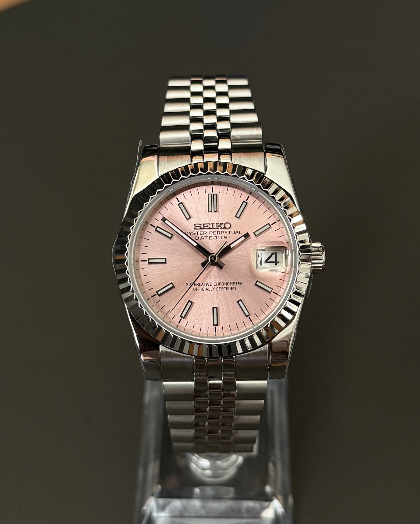 Seiko Mod DateJust: Stainless Steel Salmon Pink Dial Stick Markers w/ Jubilee Bracelet