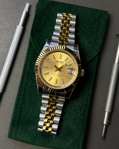 Seiko Mod DateJust: Two Tone Gold Champagne Dial Stick Markers w/ Jubilee Bracelet