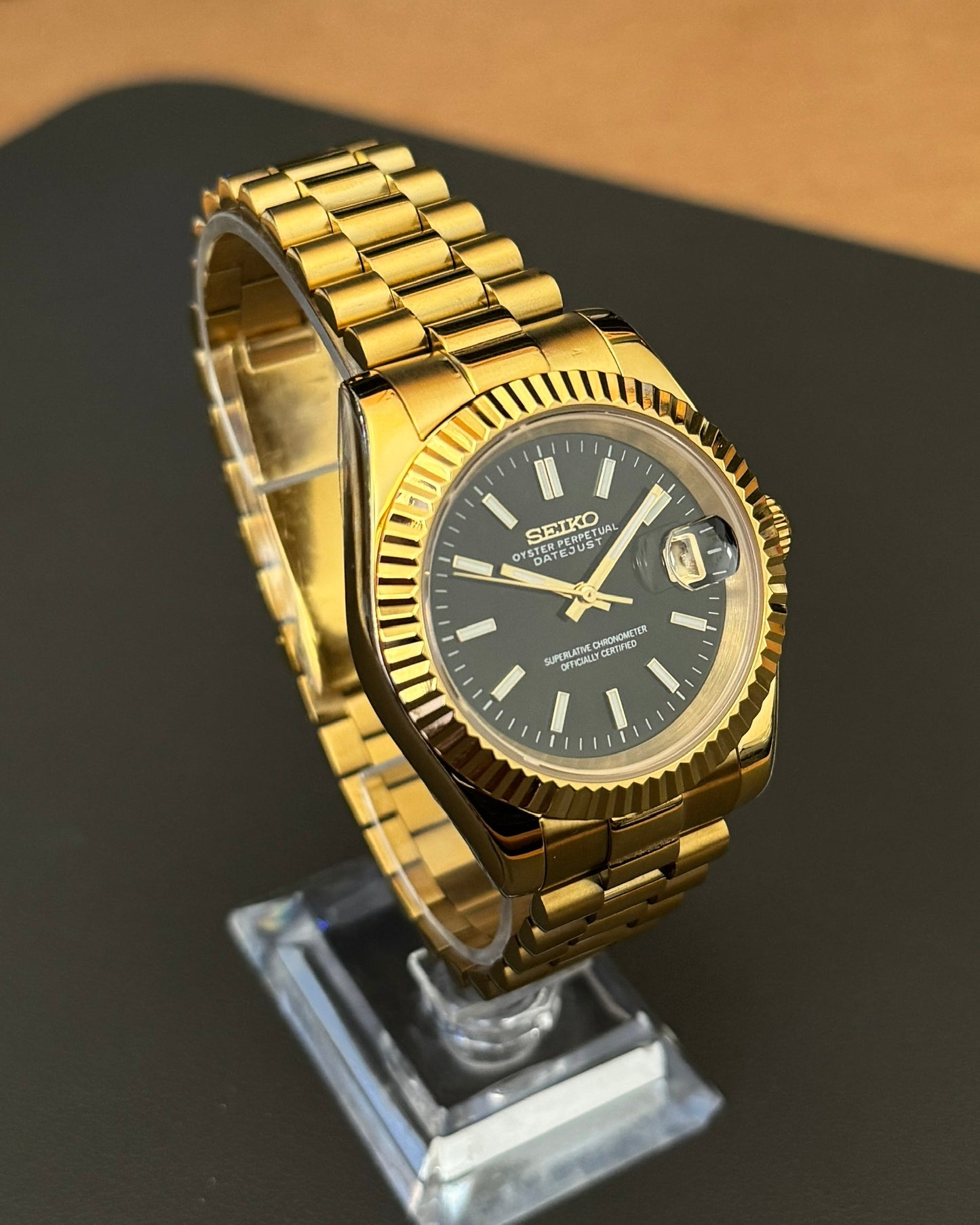 DateJust: Gold Black Dial Stick Markers w/ Presidential Bracelet