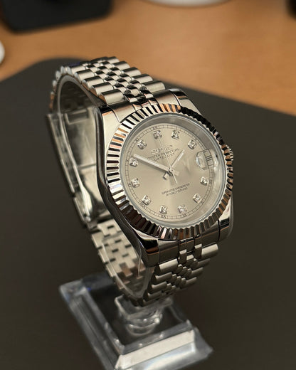Seiko Mod DateJust: Stainless Steel Grey Dial Gem Markers w/ Jubilee Bracelet