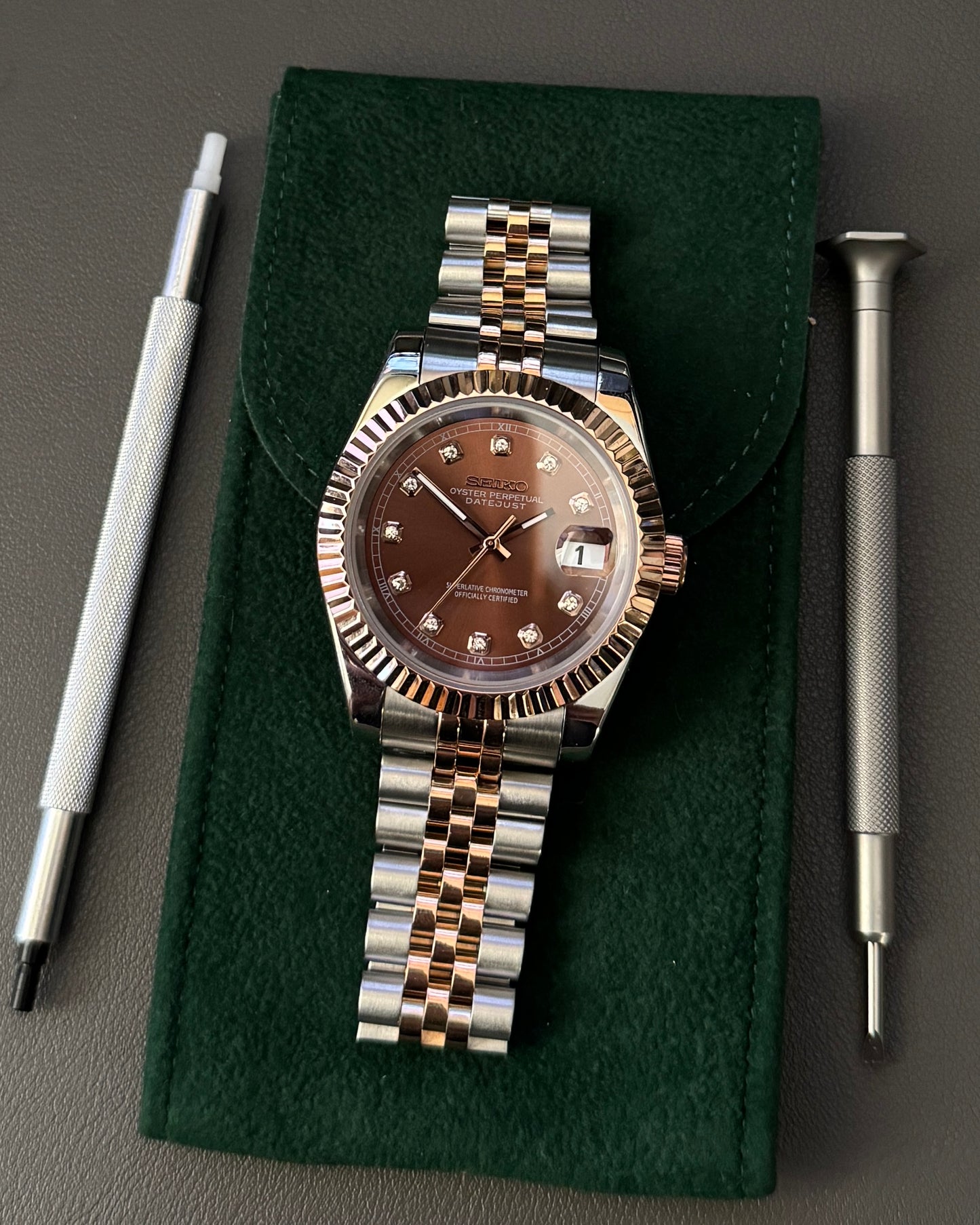 Seiko Mod DateJust: Two Tone Rose Gold Chocolate Dial Gem Markers w/ Jubilee Bracelet