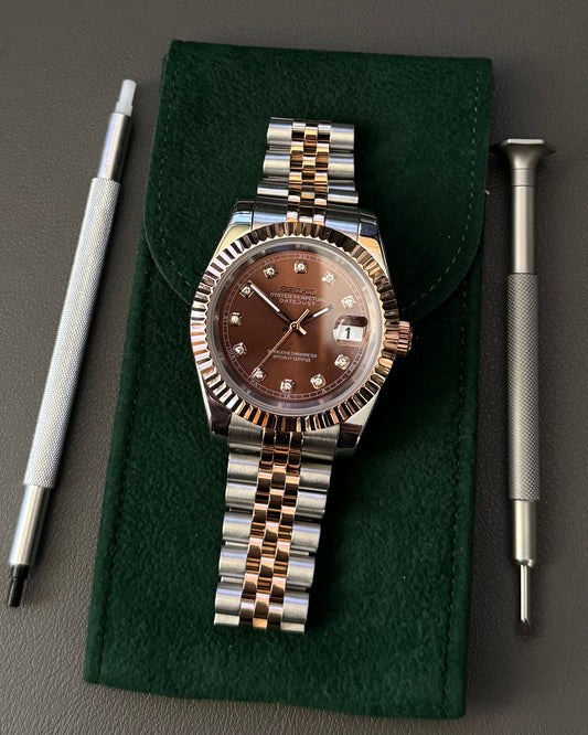 Seiko Mod DateJust: Two Tone Rose Gold Chocolate Dial Gem Markers w/ Jubilee Bracelet