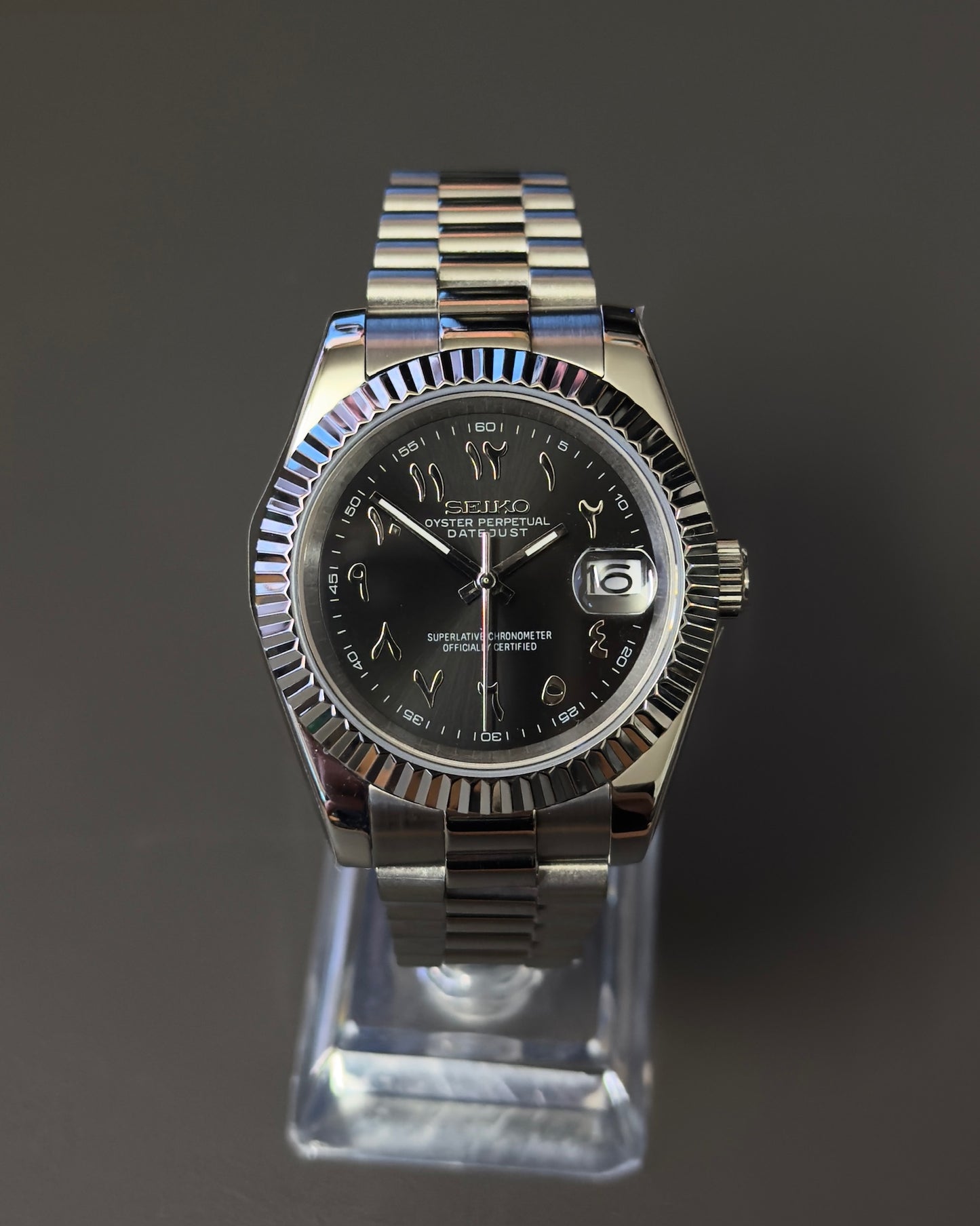 DateJust: Stainless Steel Black Dial Arabic Markers w/ Presidential Bracelet
