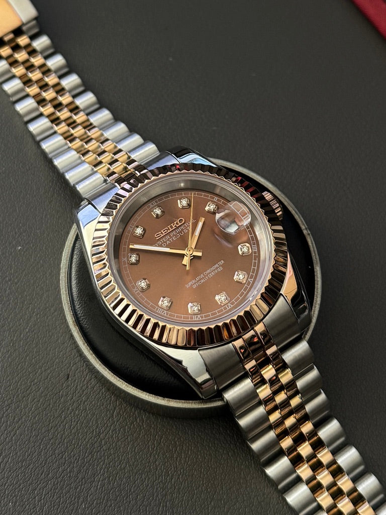 Seiko Mod DateJust: Two Tone Rose Gold Chocolate Dial Gem Markers w/ Jubilee Bracelet