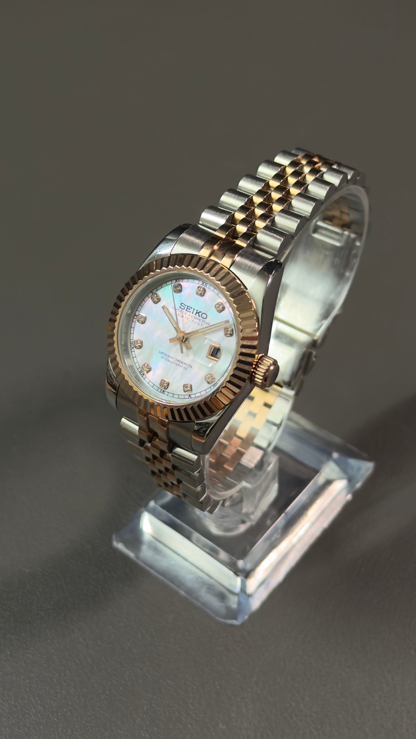 Seiko Mod Lady DateJust: Two-Tone Rose Gold Mother of Pearl Dial Gem Markers w/ Jubilee Bracelet