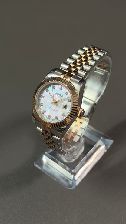 Seiko Mod Lady DateJust: Two-Tone Rose Gold Mother of Pearl Dial Gem Markers w/ Jubilee Bracelet
