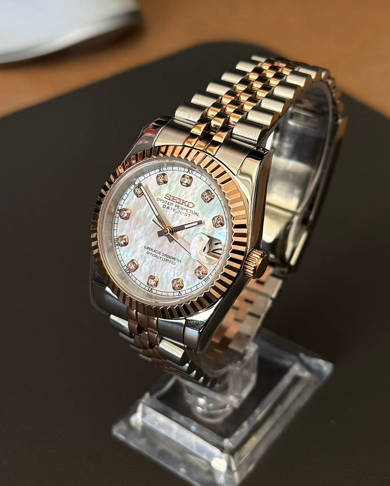 Seiko Mod DateJust: Two-Tone Rose Gold Mother of Pearl Dial Gem Markers w/ Jubilee Bracelet