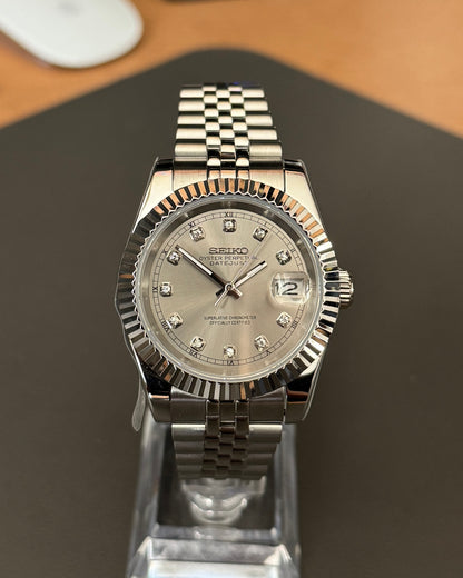 Seiko Mod DateJust: Stainless Steel Grey Dial Gem Markers w/ Jubilee Bracelet