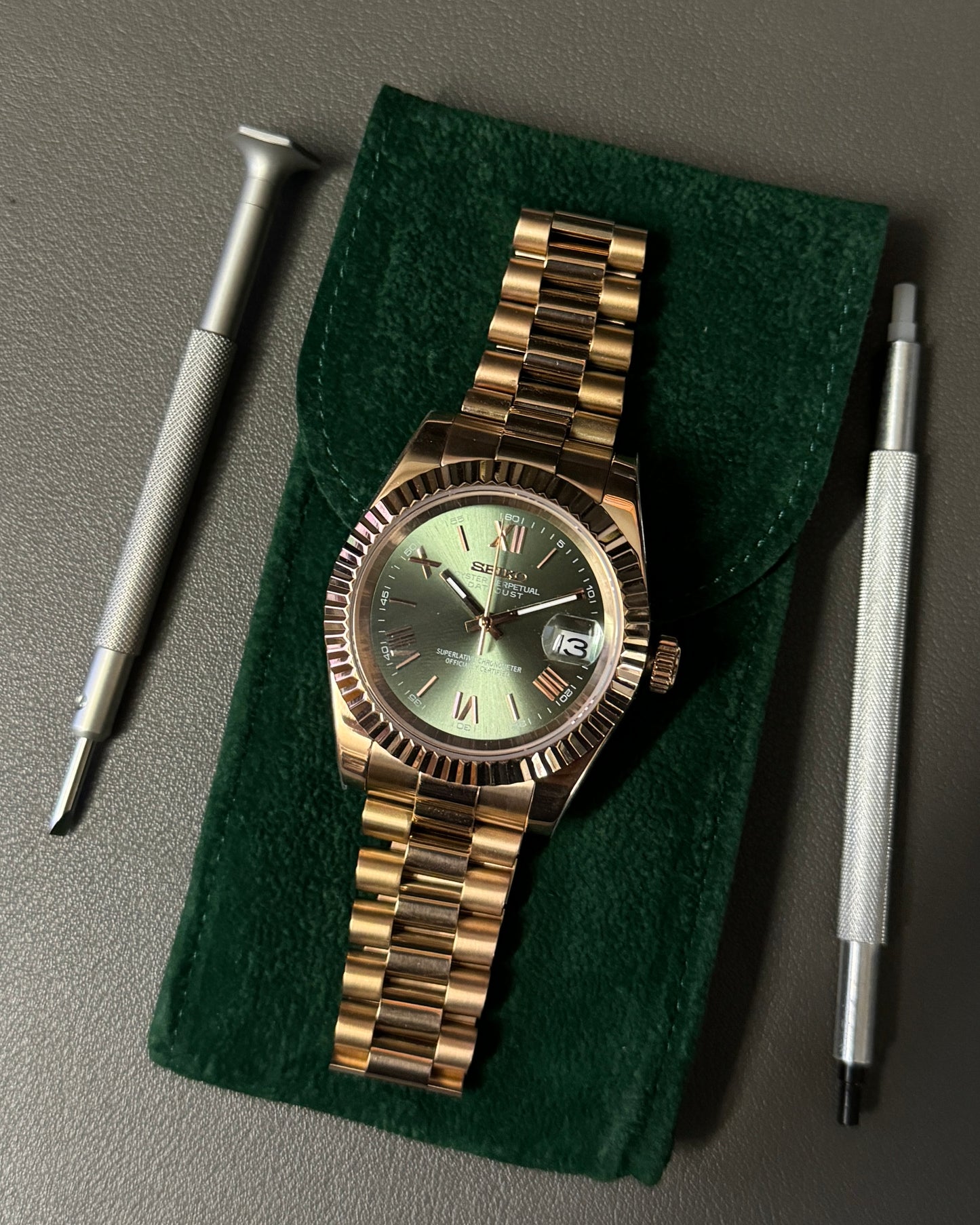 Seiko Mod DateJust: Rose Gold Olive Dial Roman Numeral Markers w/ Presidential Bracelet