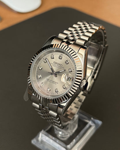 Seiko Mod DateJust: Stainless Steel Grey Dial Gem Markers w/ Jubilee Bracelet