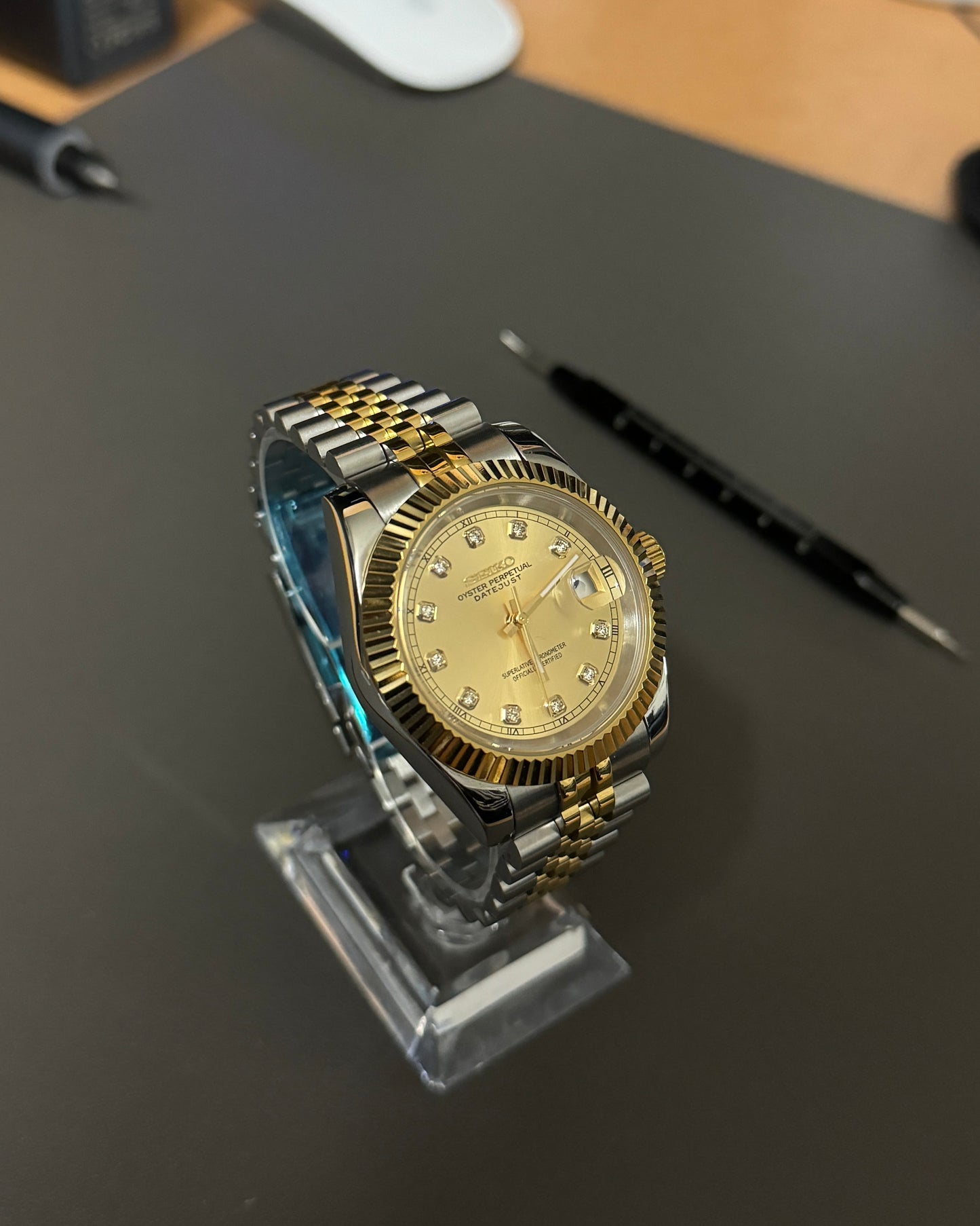 Seiko Mod DateJust: Two Tone Champagne Gem Marker Dial on Jubilee Bracelet