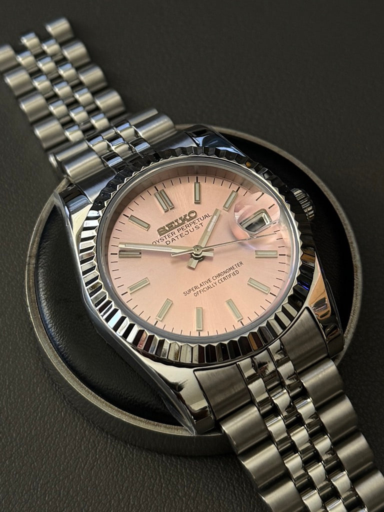 Seiko Mod DateJust: Stainless Steel Salmon Pink Dial Stick Markers w/ Jubilee Bracelet