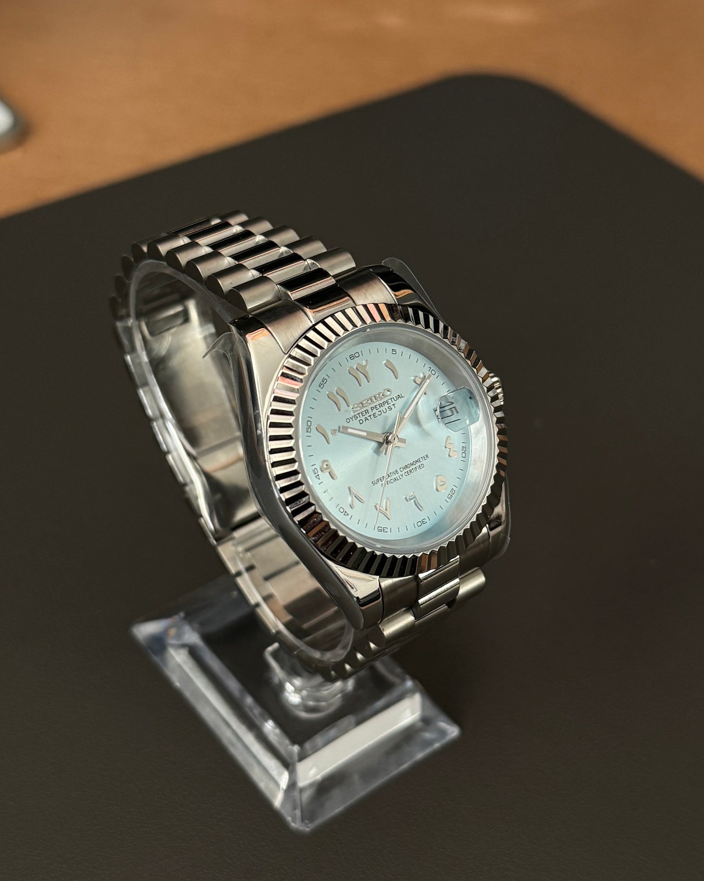 Seiko Mod DateJust: Stainless Steel Ice Blue Dial Arabic Markers w/ President Bracelet