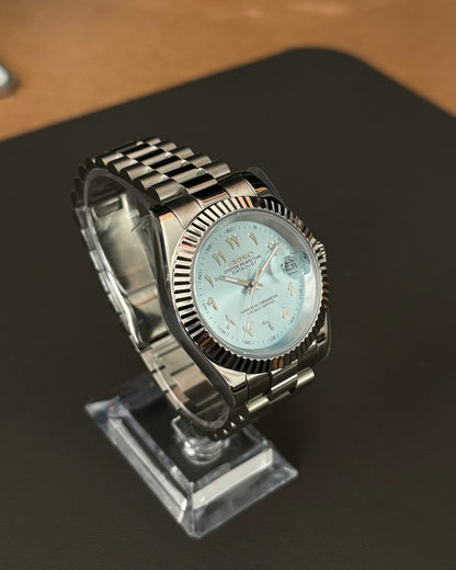Seiko Mod DateJust: Stainless Steel Ice Blue Dial Arabic Markers w/ President Bracelet