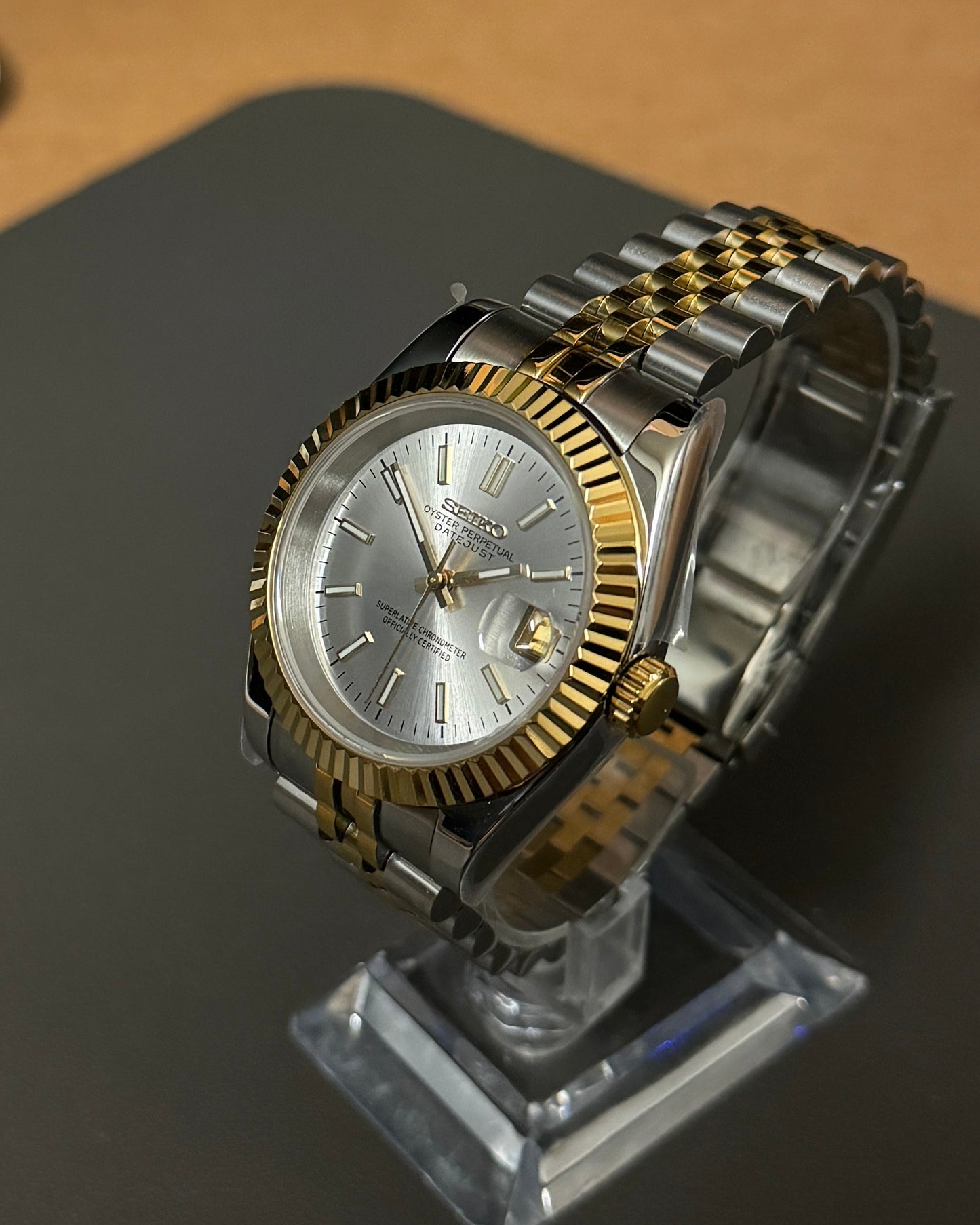 Seiko Mod DateJust: Two-Tone Gold White Dial Stick Markers w/ Jubilee Bracelet