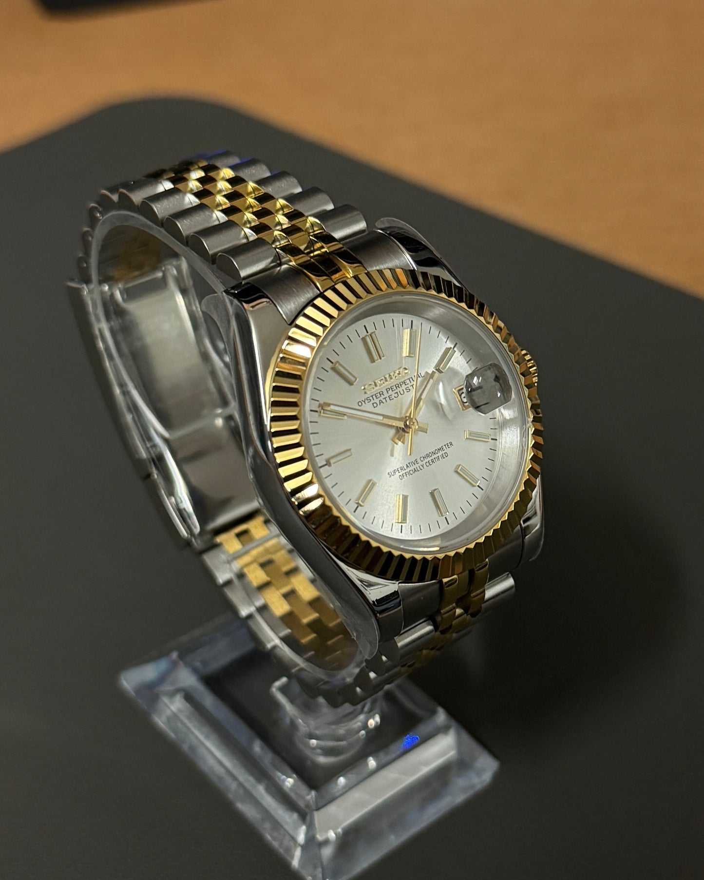 Seiko Mod DateJust: Two-Tone Gold White Dial Stick Markers w/ Jubilee Bracelet