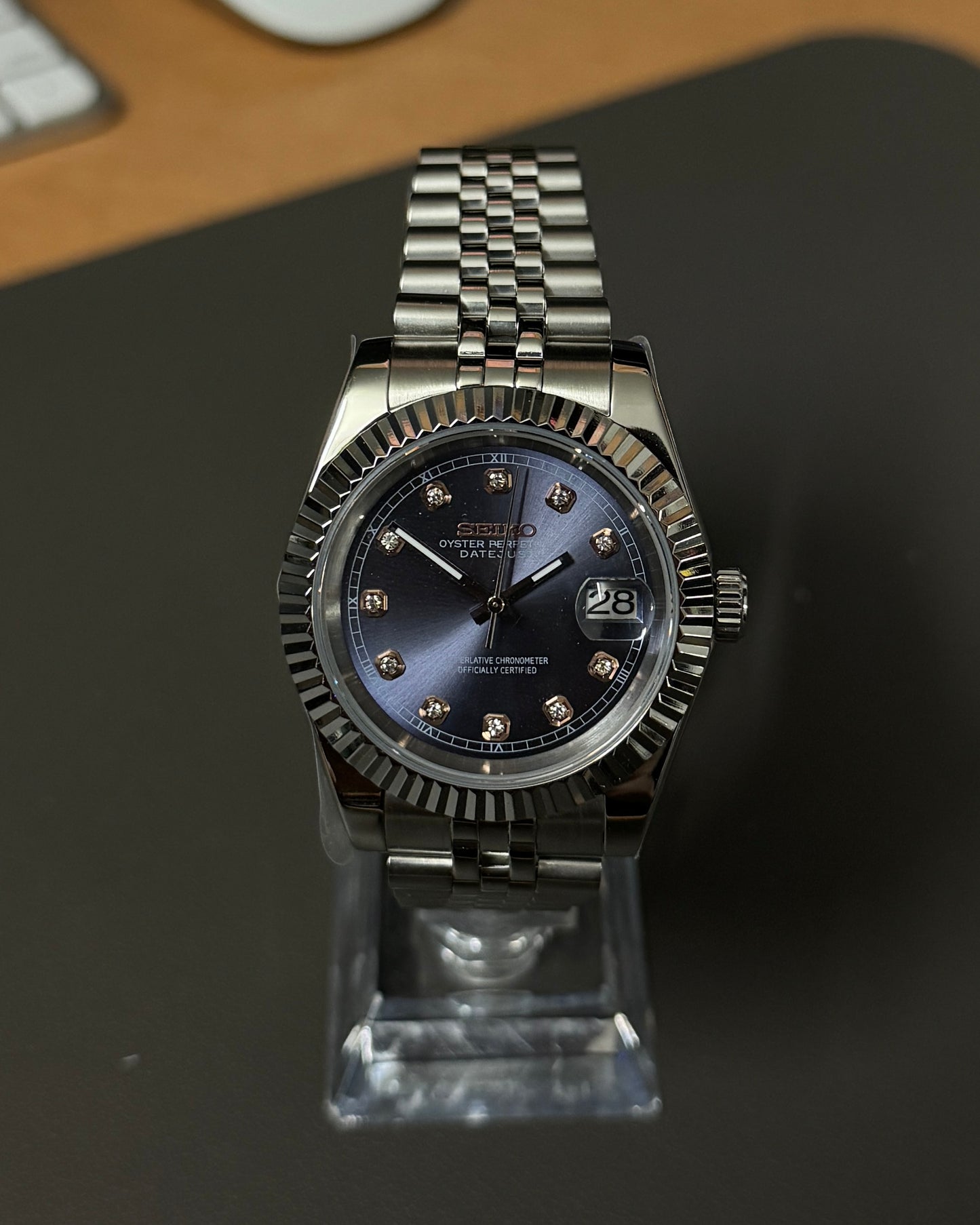 Seiko Mod DateJust: Stainless Steel Purple Dial Gem Markers w/ Jubilee Bracelet