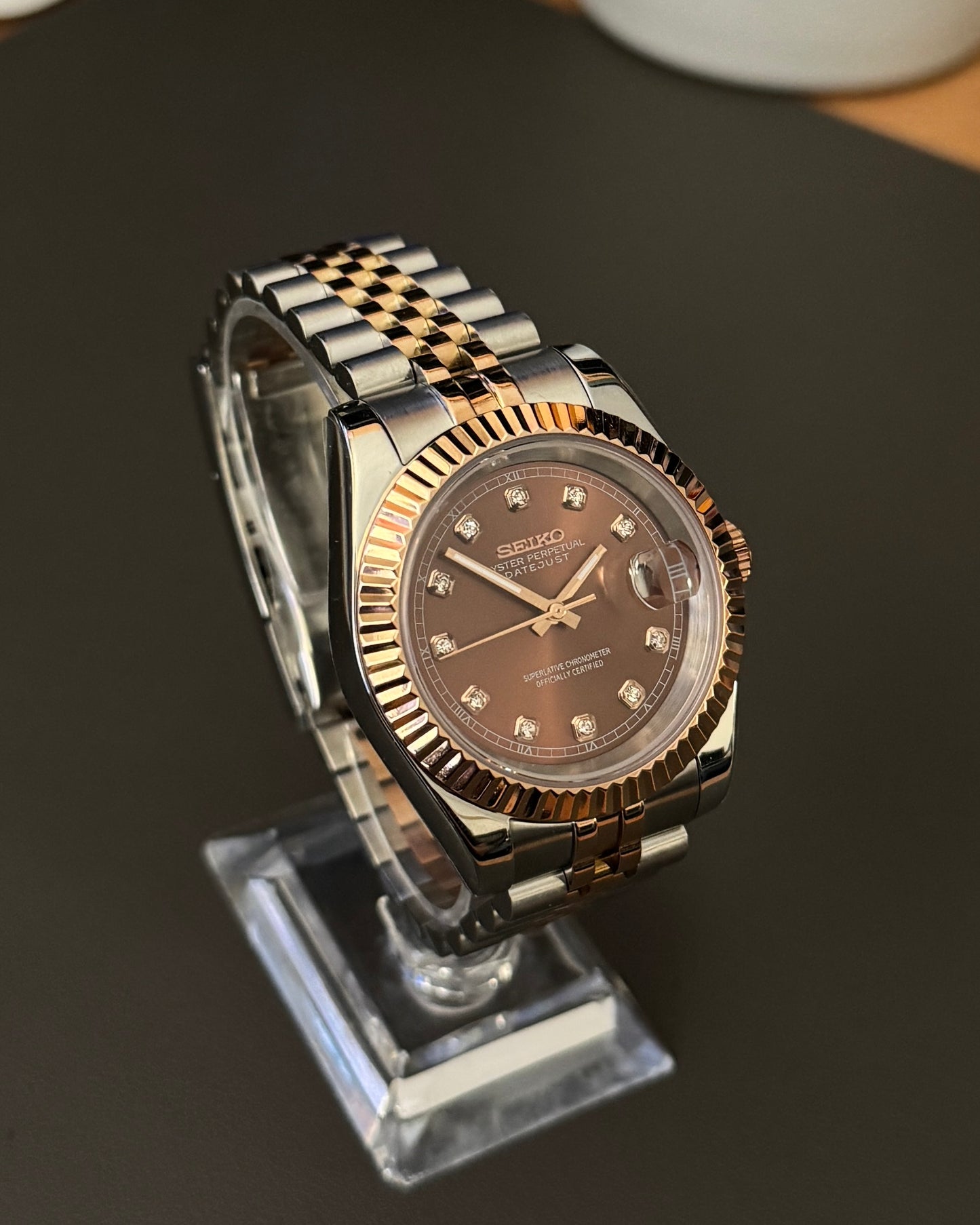 Seiko Mod DateJust: Two Tone Rose Gold Chocolate Dial Gem Markers w/ Jubilee Bracelet