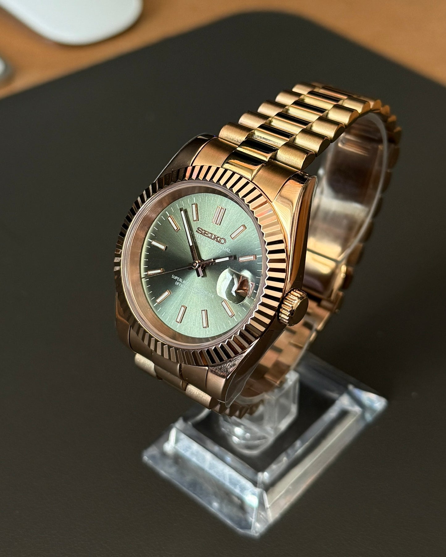 DateJust: Rose Gold Olive Green Dial Stick Markers w/ Presidential Bracelet