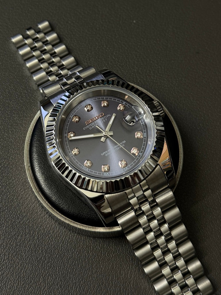 Seiko Mod DateJust: Stainless Steel Purple Dial Gem Markers w/ Jubilee Bracelet