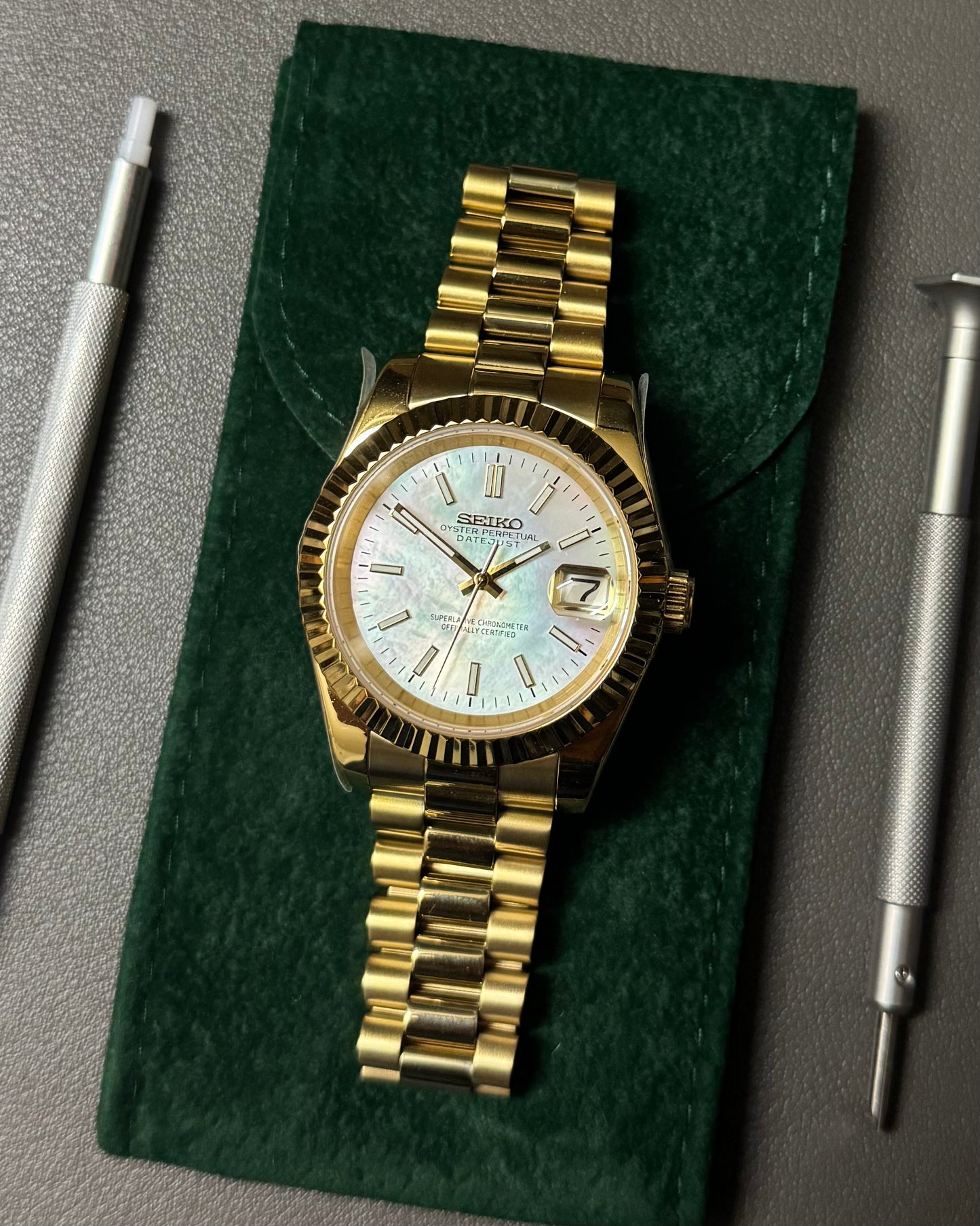 Seiko Mod DateJust: Yellow Gold Mother of Pearl Dial Stick Markers w/ Presidential Bracelet