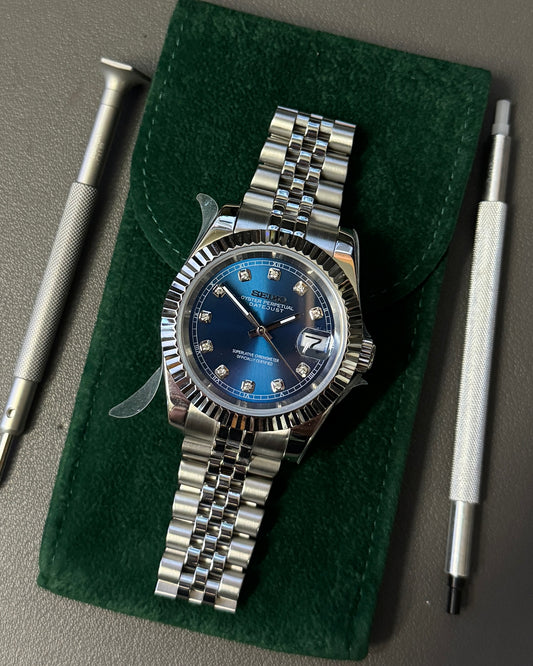 Seiko Mod DateJust: Stainless Steel Blue Dial Gem Markers w/ Jubilee Bracelet