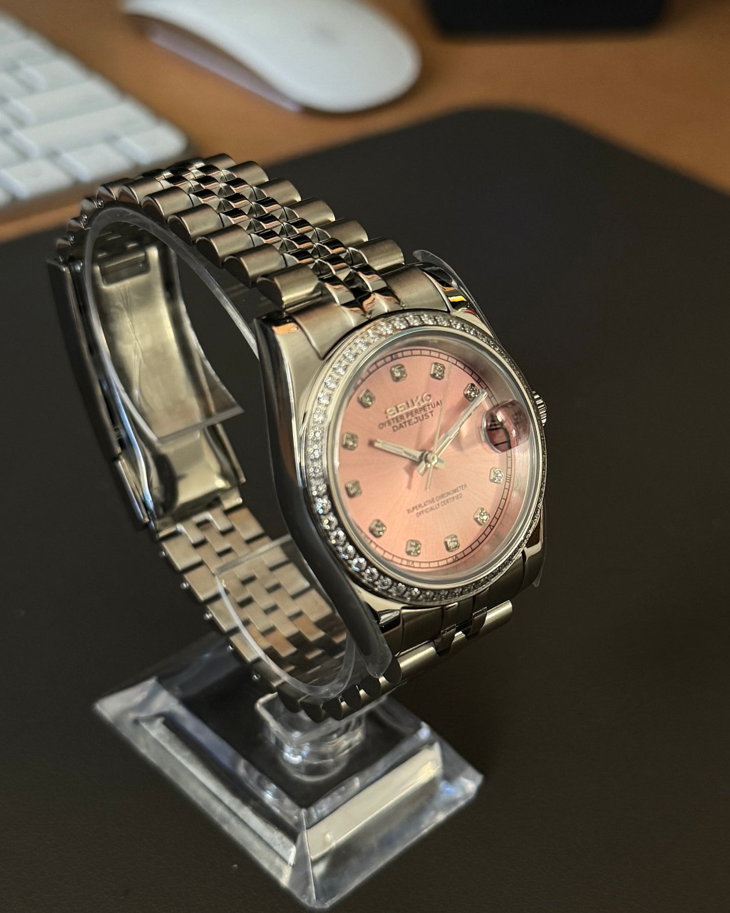 Seiko Mod DateJust: Stainless Steel Sunburst Pink Dial Gem Markers w/ Jubilee Bracelet