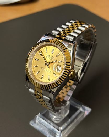 Seiko Mod DateJust: Two Tone Gold Champagne Dial Stick Markers w/ Jubilee Bracelet