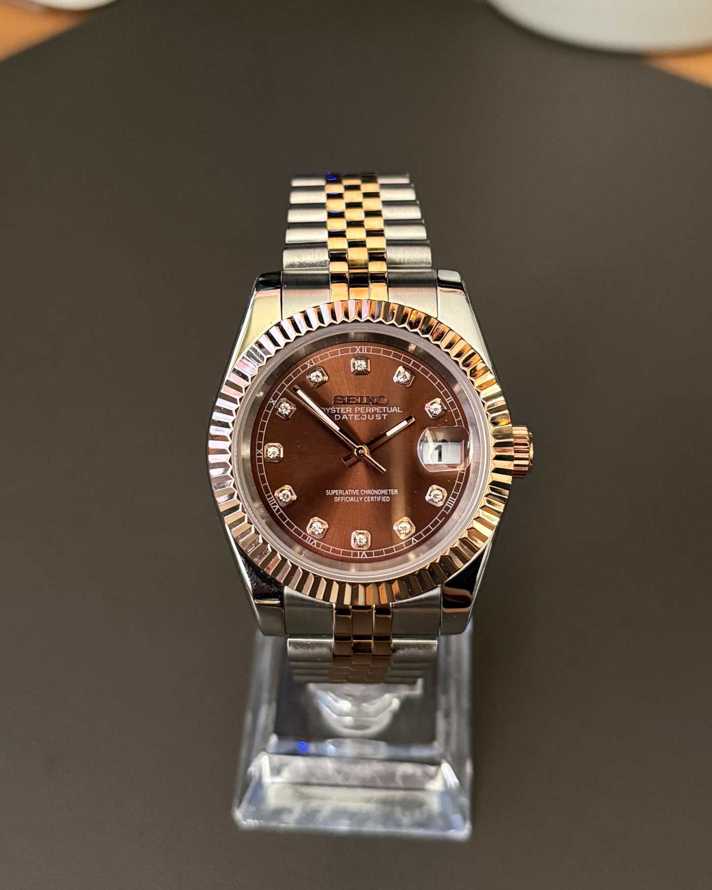 Seiko Mod DateJust: Two Tone Rose Gold Chocolate Dial Gem Markers w/ Jubilee Bracelet