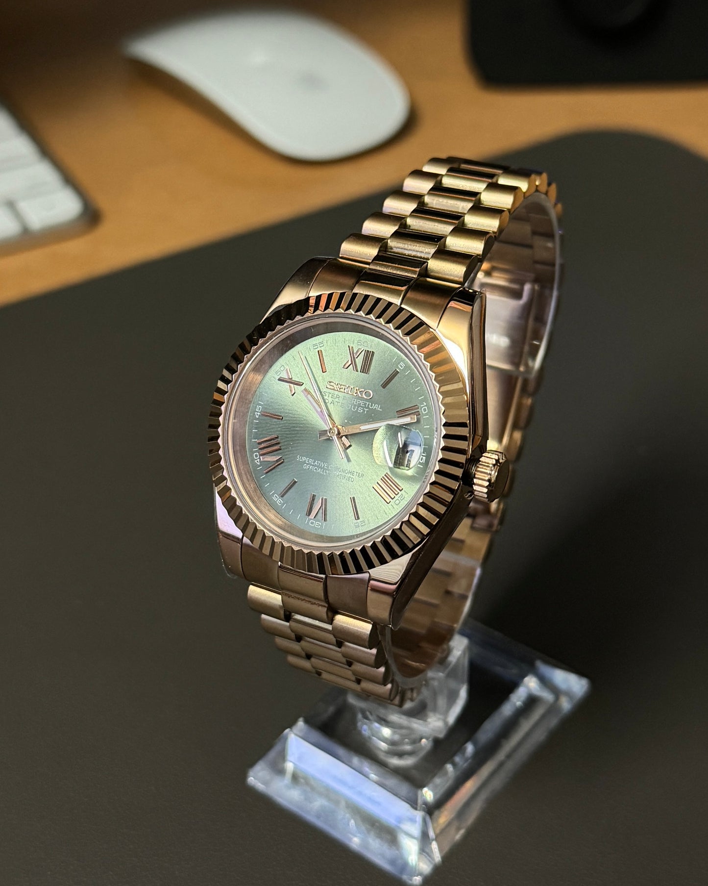 Seiko Mod DateJust: Rose Gold Olive Dial Roman Numeral Markers w/ Presidential Bracelet