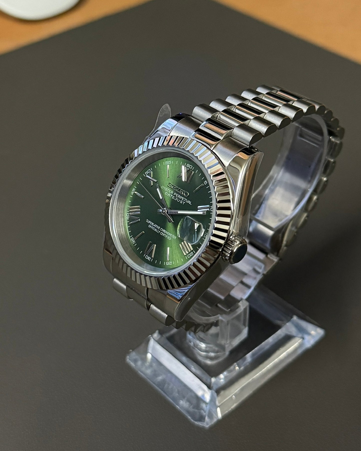 DateJust: Stainless Steel Green Olive Dial Roman Markers w/ Presidential Bracelet
