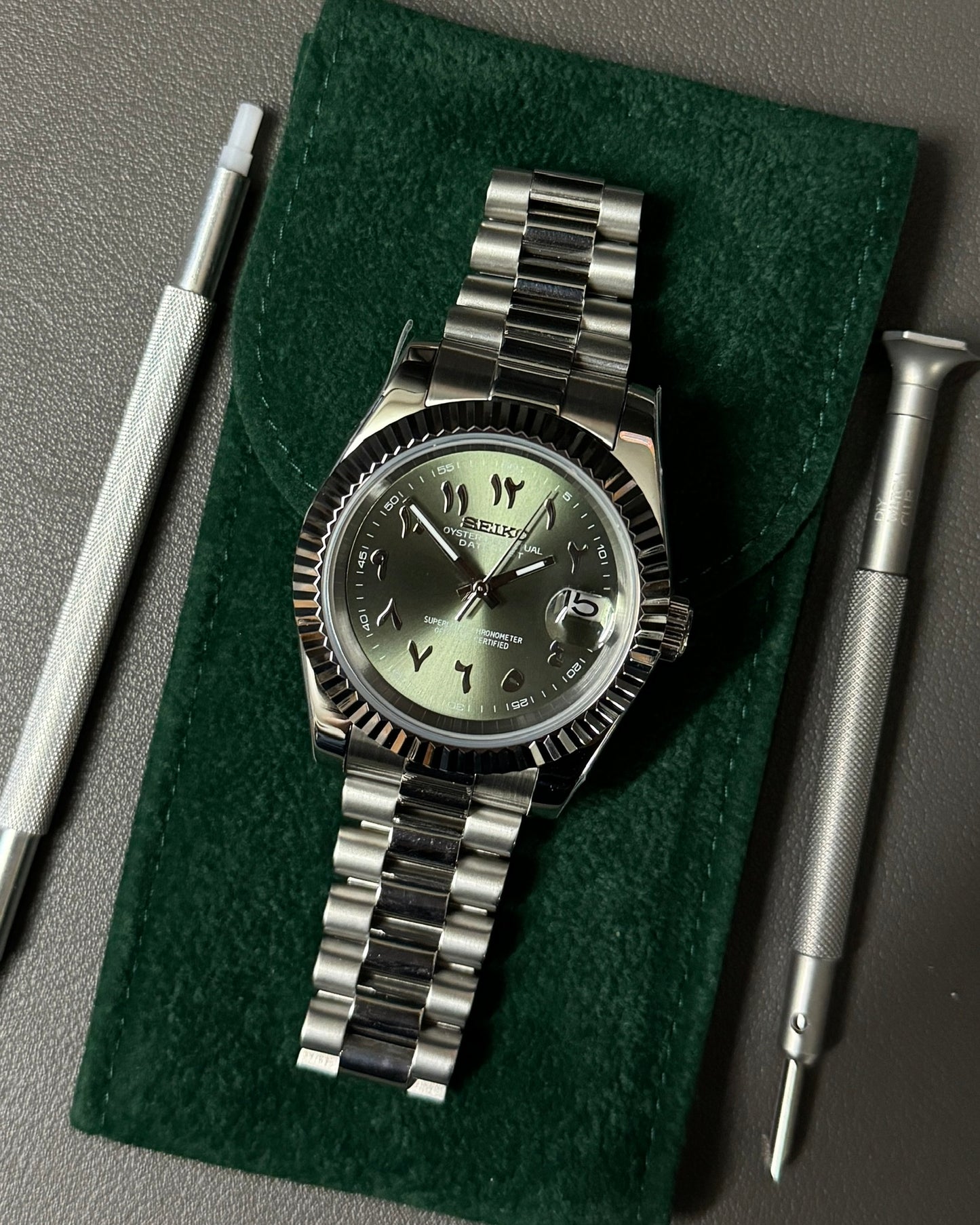 DateJust: Stainless Steel Olive Green Dial Arabic Markers w/ Presidential Bracelet