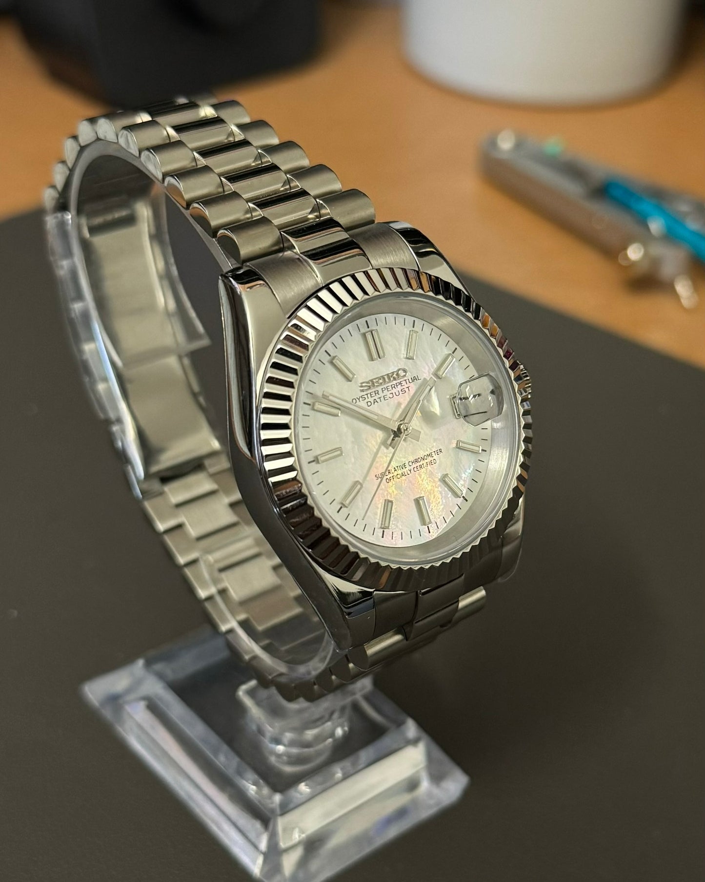 DateJust: Stainless Steel Mother of Pearl Dial Stick Markers w/ Presidential Bracelet