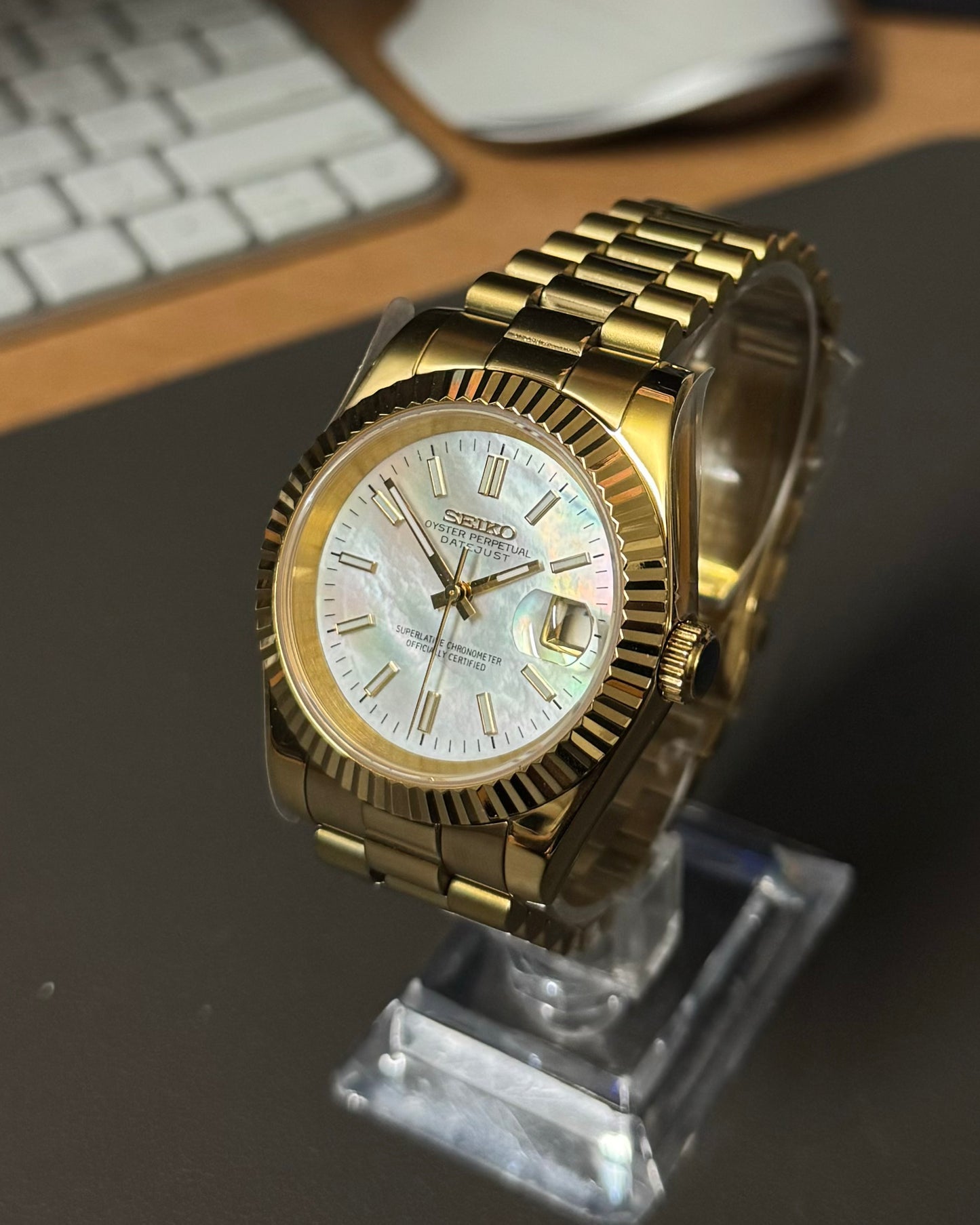 Seiko Mod DateJust: Yellow Gold Mother of Pearl Dial Stick Markers w/ Presidential Bracelet