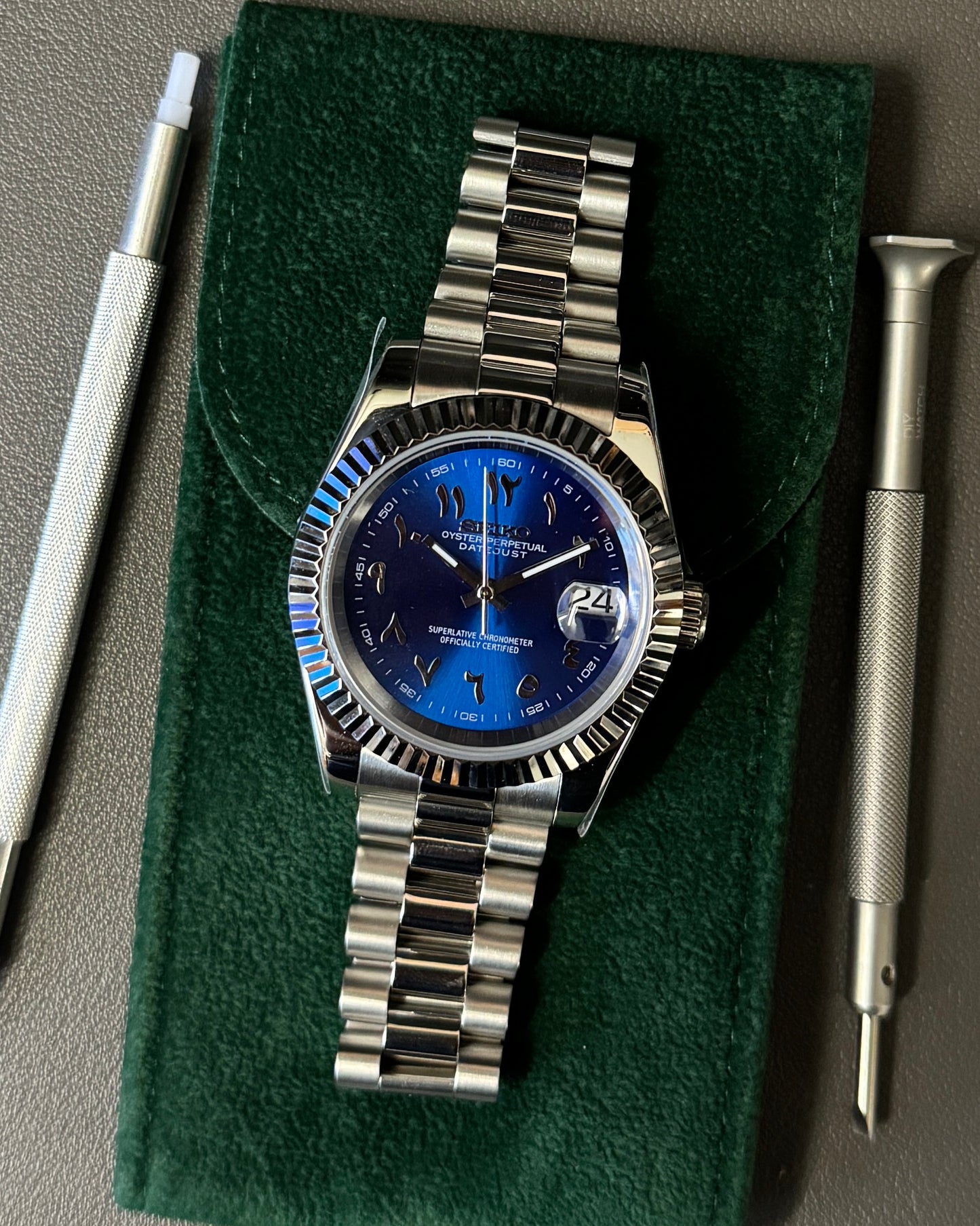 Seiko Mod DateJust: Stainless Steel Blue Dial Arabic Markers w/ Presidential Bracelet