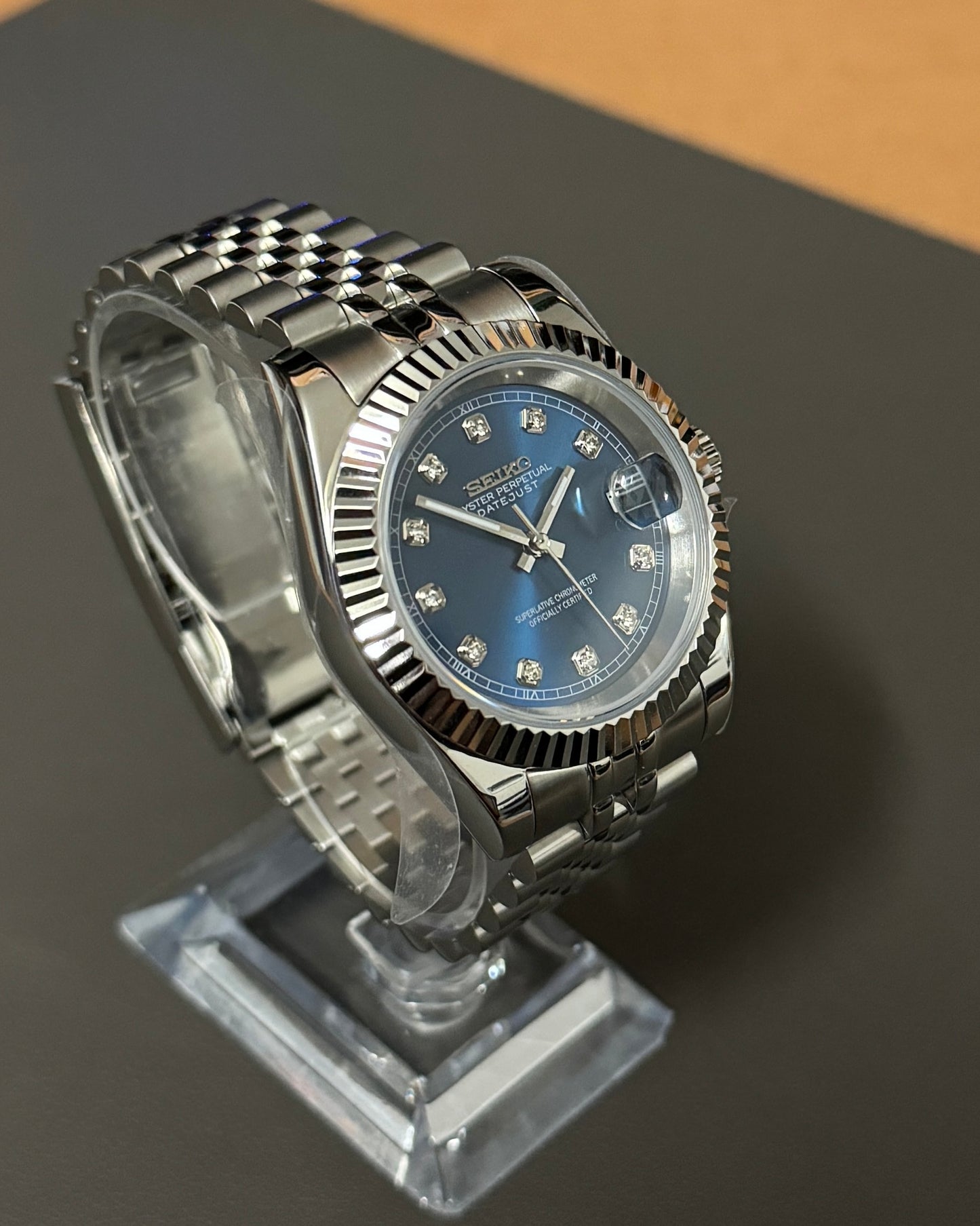 Seiko Mod DateJust: Stainless Steel Blue Dial Gem Markers w/ Jubilee Bracelet