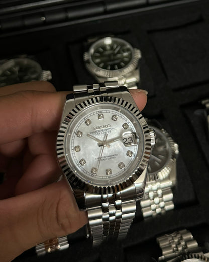Seiko Mod DateJust: Stainless Steel Mother of Pearl Dial Gem Markers w/ Jubilee Bracelet