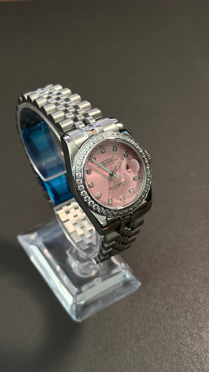 Lady DateJust: Stainless Steel Sunburst Pink Dial Gem Markers w/ Jubilee Bracelet