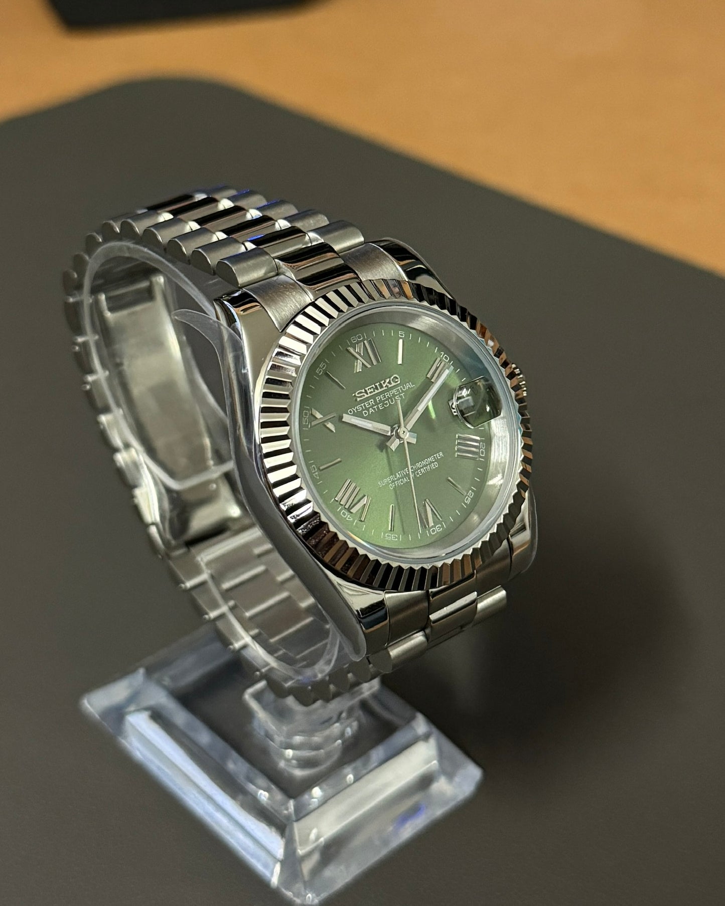 DateJust: Stainless Steel Green Olive Dial Roman Markers w/ Presidential Bracelet