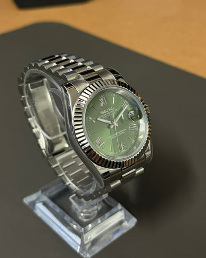 DateJust: Stainless Steel Green Olive Dial Roman Markers w/ Presidential Bracelet