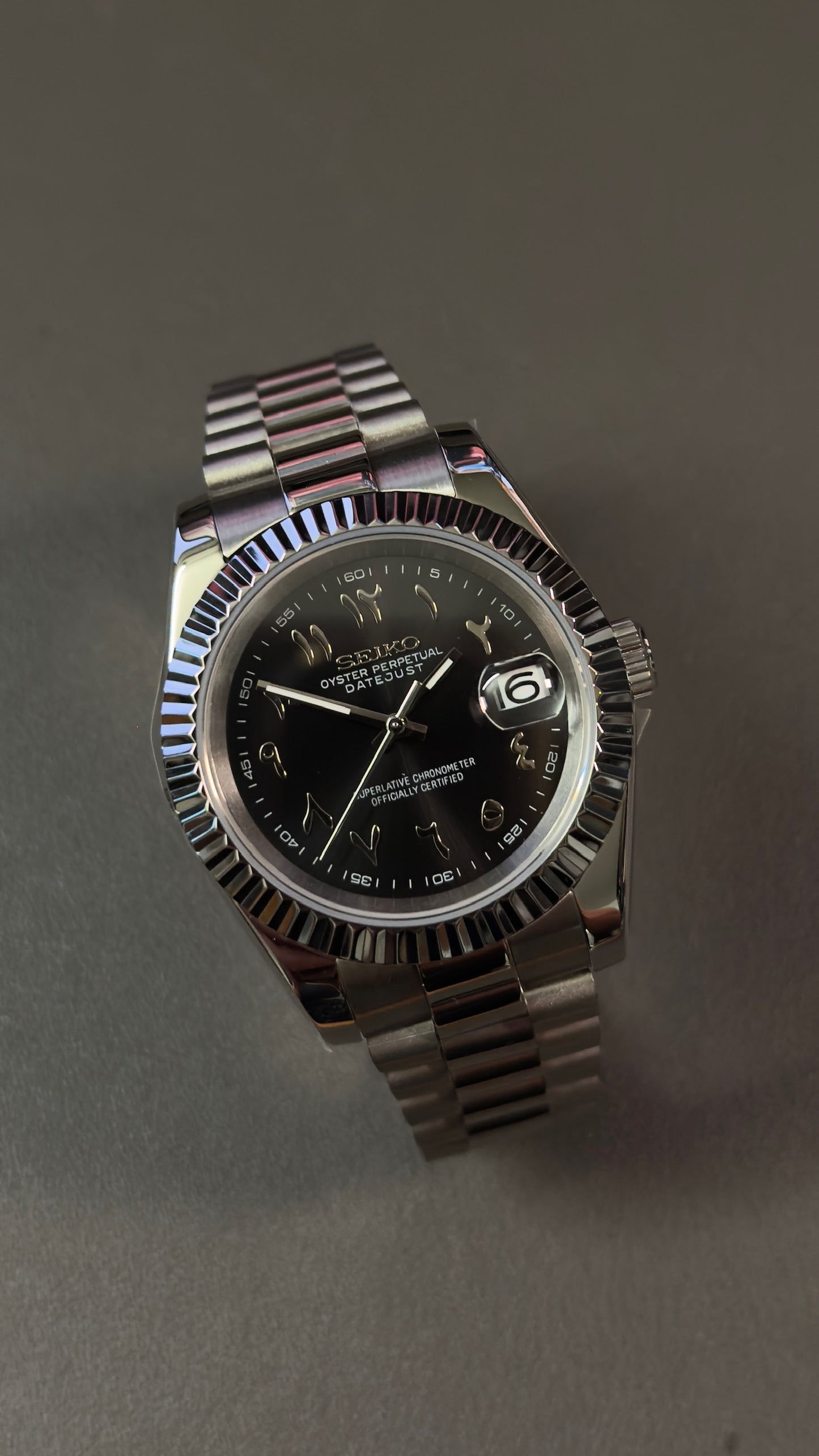 DateJust: Stainless Steel Black Dial Arabic Markers w/ Presidential Bracelet