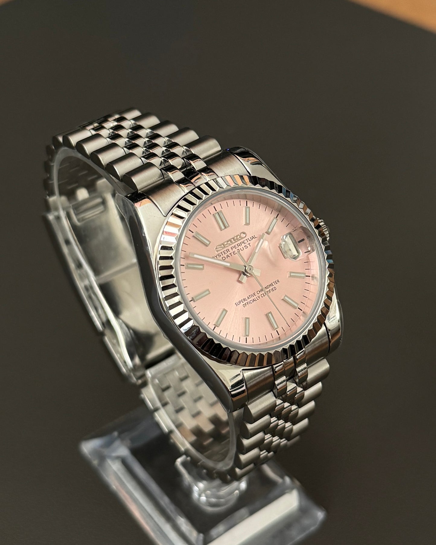 Seiko Mod DateJust: Stainless Steel Salmon Pink Dial Stick Markers w/ Jubilee Bracelet