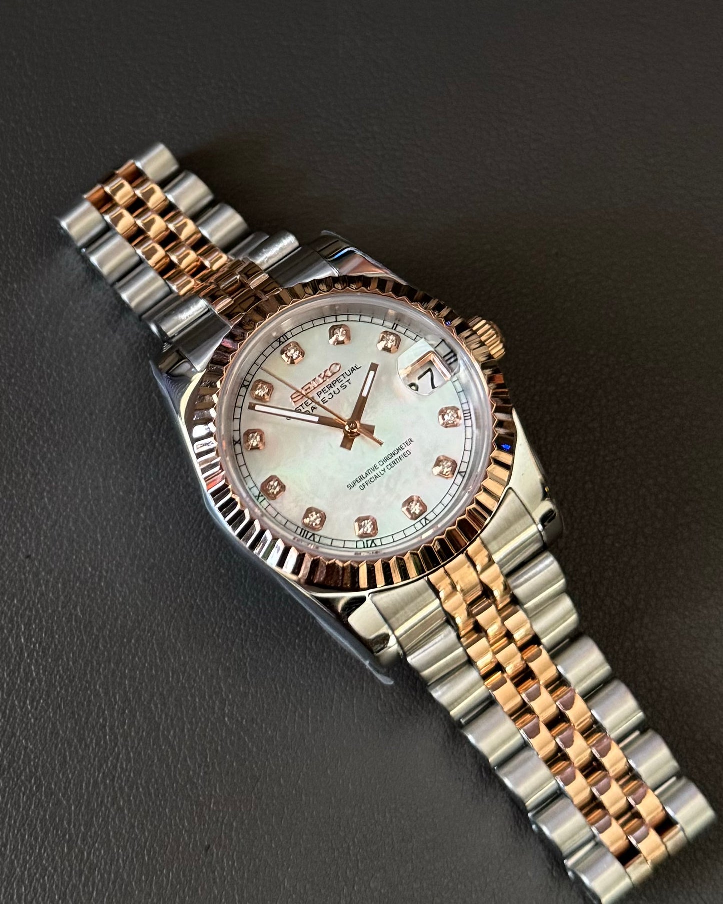 Seiko Mod DateJust: Two-Tone Rose Gold Mother of Pearl Dial Gem Markers w/ Jubilee Bracelet