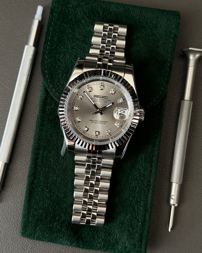 Seiko Mod DateJust: Stainless Steel Grey Dial Gem Markers w/ Jubilee Bracelet