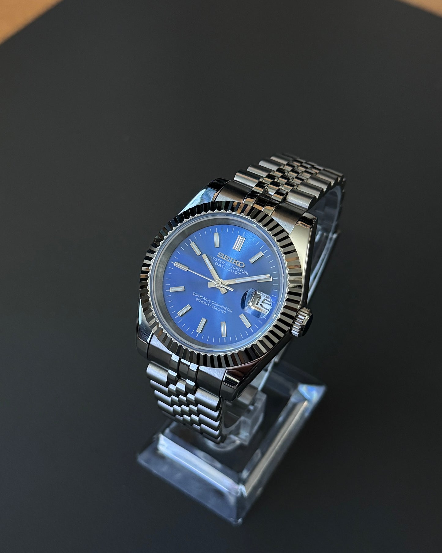 Seiko Mod Datejust: Stainless Steel Blue Dial Stick Markers w/ Jubilee Bracelet