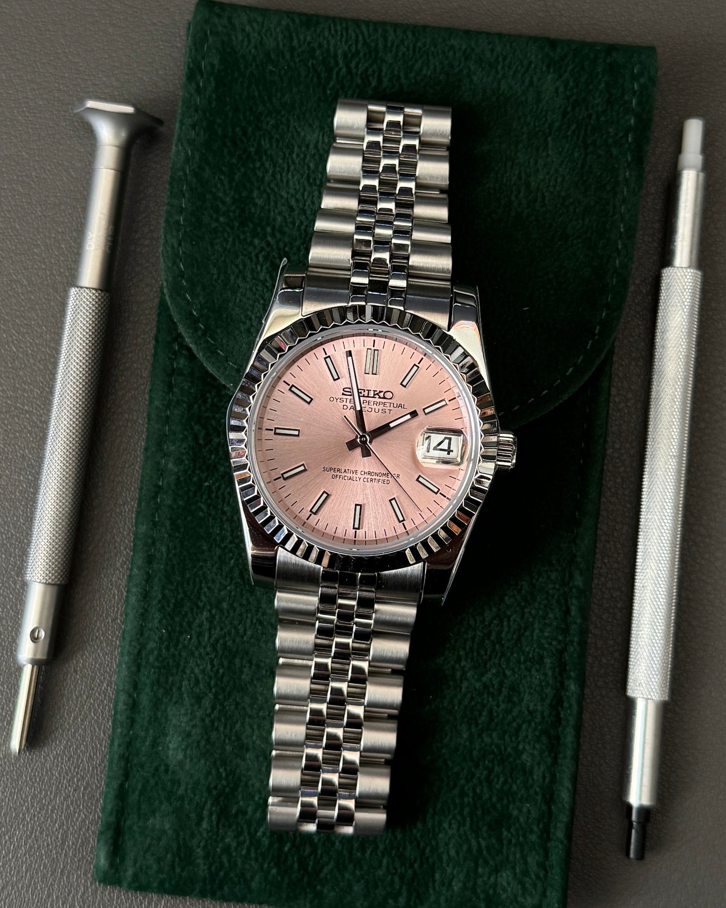 Seiko Mod DateJust: Stainless Steel Salmon Pink Dial Stick Markers w/ Jubilee Bracelet