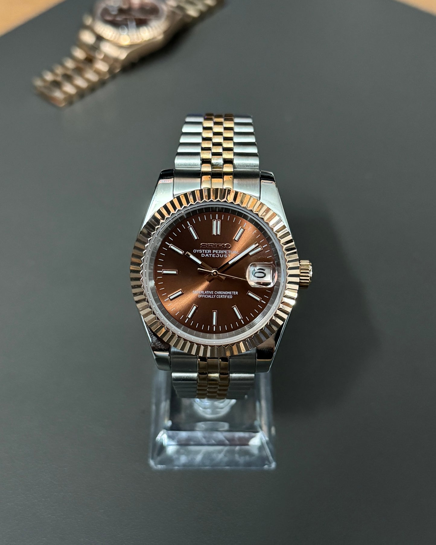 Seiko Mod DateJust: Two Tone Rose Gold Chocolate Dial Stick Markers w/ Jubilee Bracelet