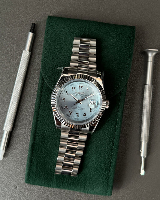 Seiko Mod DateJust: Stainless Steel Ice Blue Dial Arabic Markers w/ President Bracelet