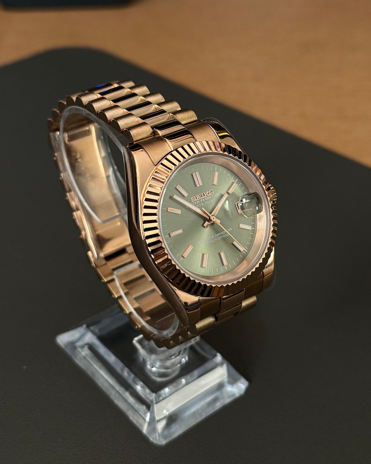 Seiko Mod DateJust: Rose Gold Olive Green Dial Stick Markers w/ Presidential Bracelet