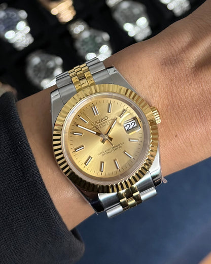 Seiko Mod DateJust: Two Tone Gold Champagne Dial Stick Markers w/ Jubilee Bracelet